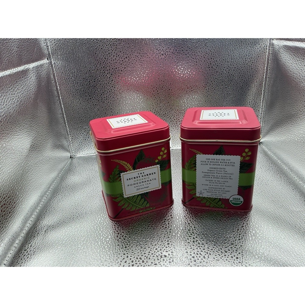 2 Tins Of The Secret Garden Organic Pomegranate Green Tea 50 Bags Each BB 11/27